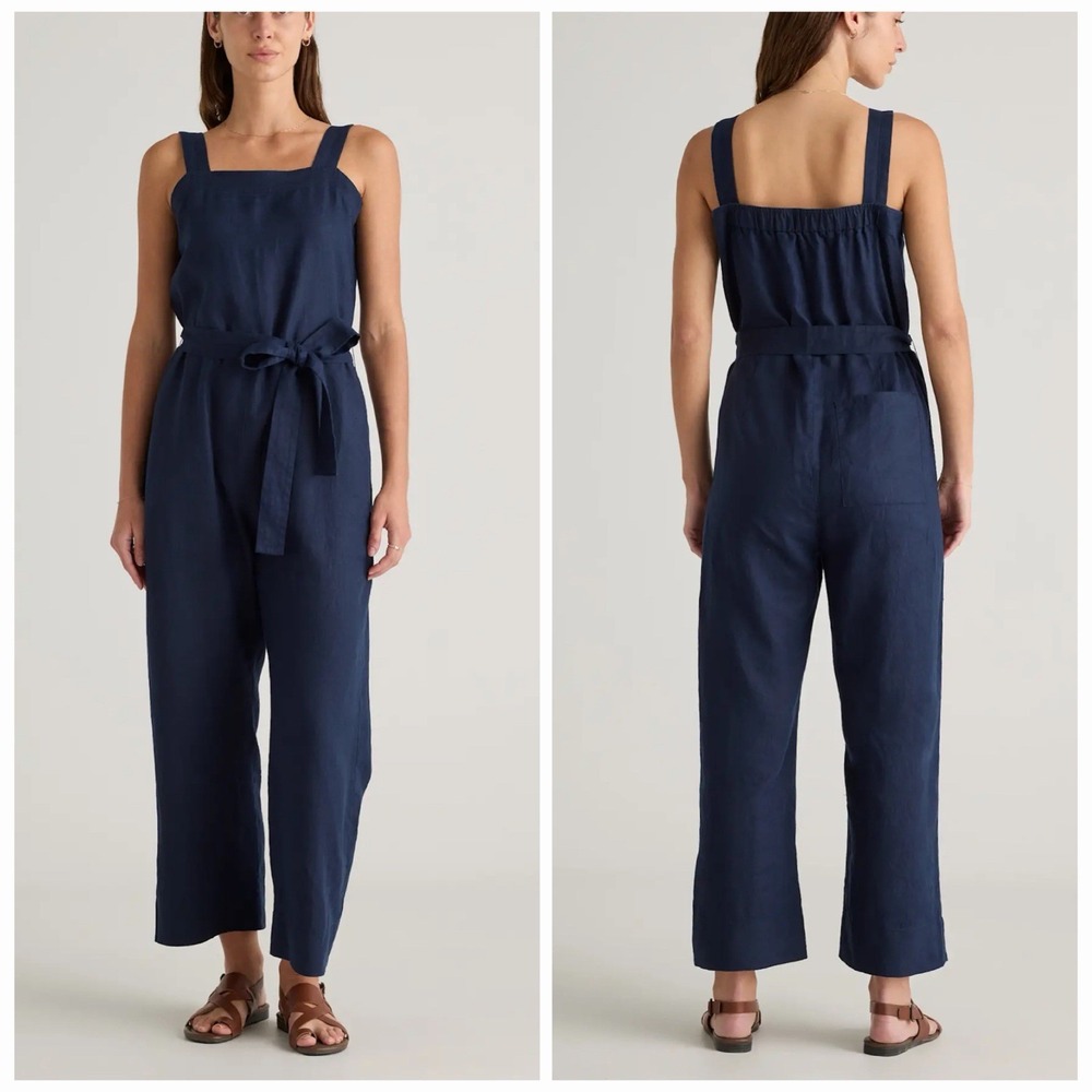 Quince Women's 100% European Linen Square Neck Tie Waist Jumpsuit Navy Blue Sz M
